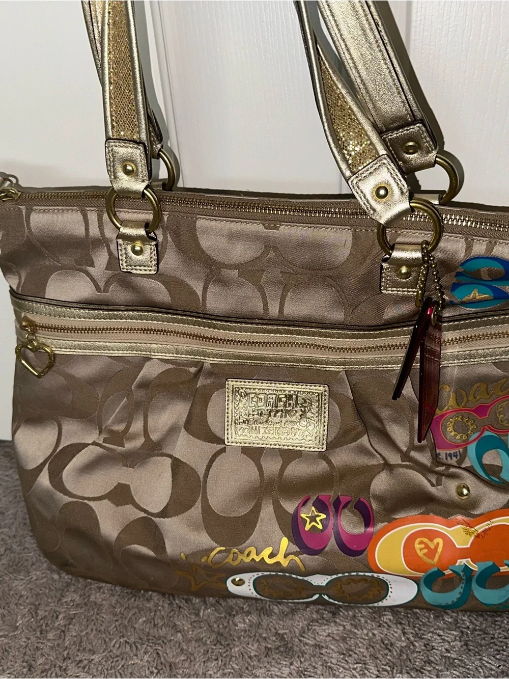 Coach Metallic Gold Signature Tote with Colorful Graphic Accents